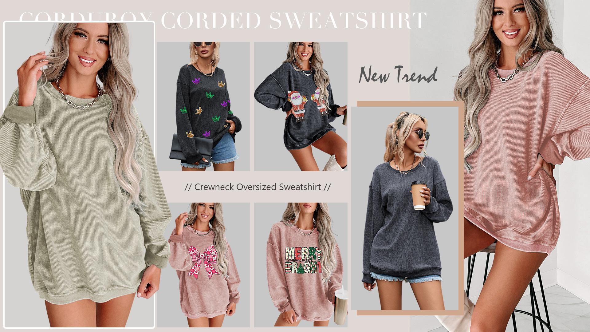 SELINK Womens Crewneck Oversized Corduroy Corded Sweatshirt Long